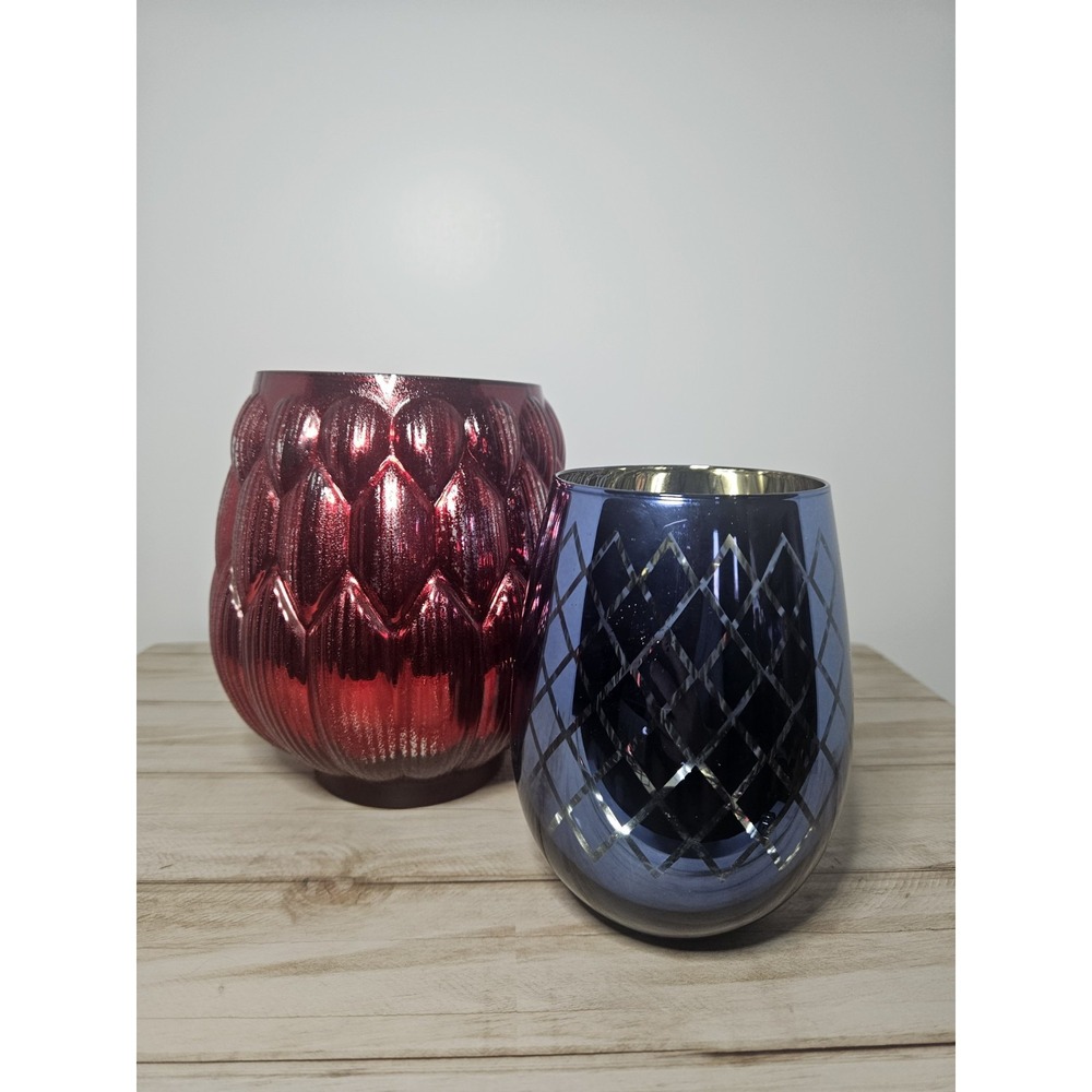Metallic Glass Candle Holder Set Red Artichoke Blue Trellis Christmas Decor